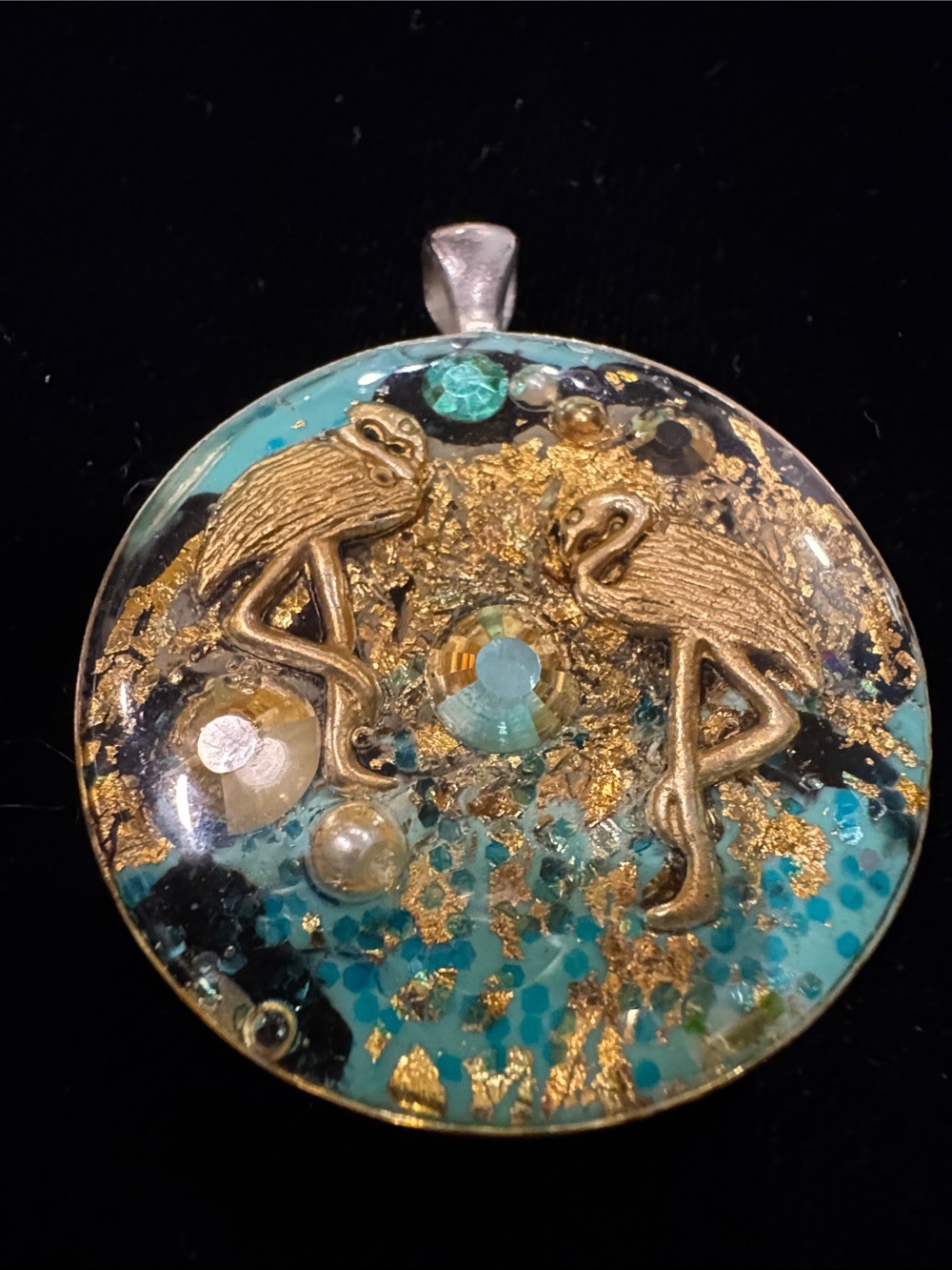 Beautiful Gold Flamingo Teal Resin Pendant - Elegant Women’s Jewelry